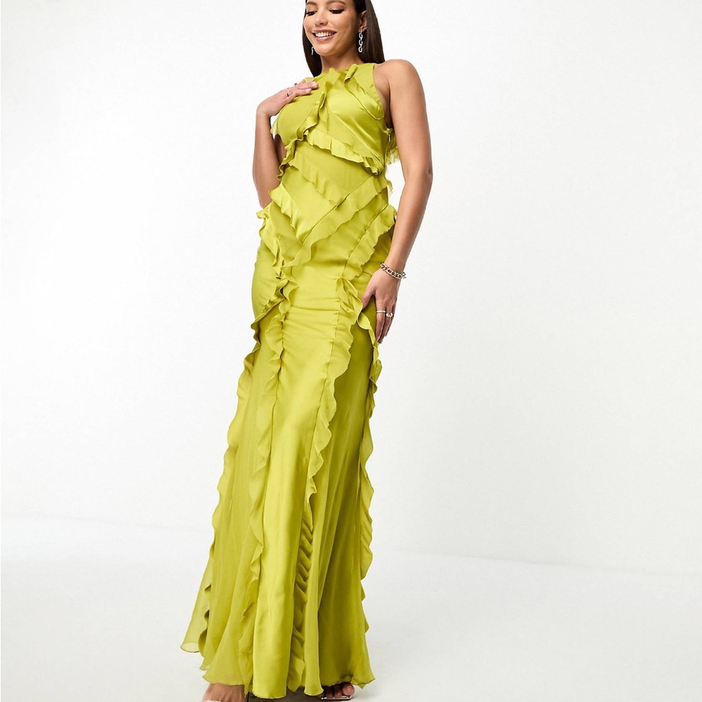 ASOS Design ruffle satin mix racer neck maxi dress